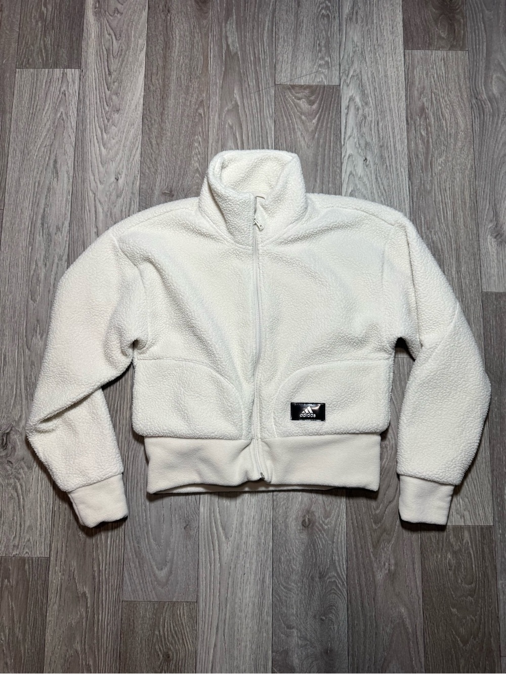 Adidas Sherpa Fleece Jacket Cream Crop Warm Soft Logo Coat Women’s XS